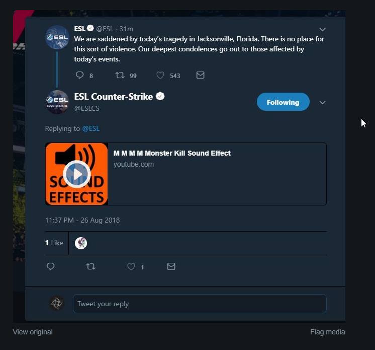 Ниже вы можете увидеть сообщение о том, что Twitter отправил профиль ESL, посвященный Counter-Strike